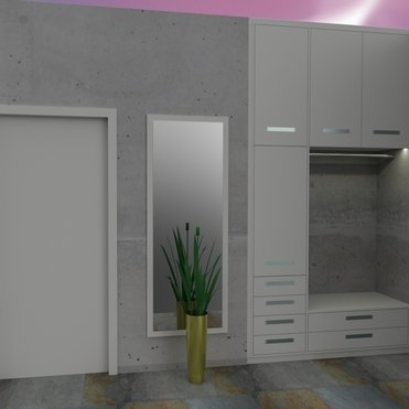 Eine minimalistische, maßgefertigte Garderobe in einer Betonoptik-Umgebung. Sie bietet viel Stauraum mit Schränken, Schubladen und einer Sitzbank. Ein großer Spiegel und eine Pflanze ergänzen das Design.